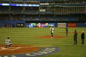 Raptors center Andrea Bargnani throws out the first pitch of the Italy/Venezulea game.