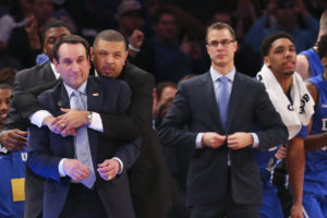 Coach K with former players and courrent assistant coaches Capel and Scheyer. (Photo by Anthony Gruppuso-USA TODAY Sports)