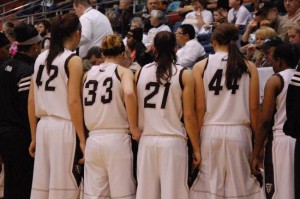 St. Bonaventure gathers around Jim Crowley during a timeout against Binghamton earlier this year — Photo courtesy of gobonnies.com