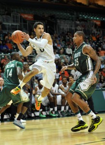 Miami Hurricanes guard Shane Larkin (0) drives to the basket as Charlotte 49ers forward Chris Braswell (35) looks on during the second half at the BankUnited Center. (Photo by Steve Mitchell-USA TODAY Sports)