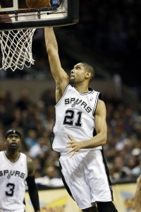San Antonio Spurs forward Tim Duncan (21) dunks during the first half against the New Orleans Hornets at the AT&T Center. (Photo by Soobum Im-USA TODAY Sports)