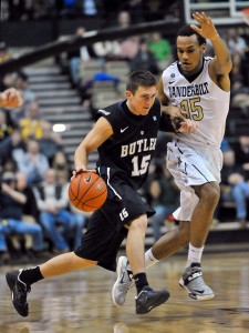 Butler Bulldogs guard Rotnei Clarke (15) drives against Vanderbilt Commodores guard Kevin Bright (15) during the second half against the Vanderbilt Commodores at Memorial Gym. Butler won 68-49. (Photo by Jim Brown-USA TODAY Sports)