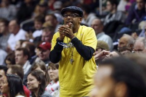 American director Spike Lee watches the game between the Virginia Commonwealth Rams and the Massachusetts Minutemen of the semifinals in the Atlantic 10 tournament at the Barclays Center. (Photo by Anthony Gruppuso-USA TODAY Sports)