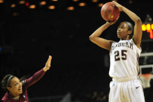  Fordham Lady Rams forward Marah Strickland (25) takes a shot over St. Joseph's (PA) Hawks forward Ashley Robinson (13) during the second half at the Barclays Center. St. Joseph's (PA) Hawks won the game 47-46. (Photo by Joe Camporeale-USA TODAY Sports)