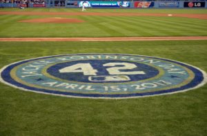 General view of the logo commemorating Jackie Robinson day during the MLB game between the San Diego Padres and the Los Angeles Dodgers at Dodger Stadium. (Photo by Kirby Lee-USA TODAY Sports)