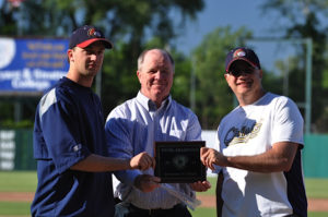 From left to right: Former player and current Syracuse Jr. Chiefs pitching coach, JD Tyler, NYCBl President Stan Lehman and Syracuse Jr. Chiefs owner and GM, Mike DiPaulo. (Photo by Mary-Alice Swanson)