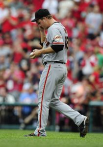 San Francisco Giants starting pitcher Matt Cain (18) reacts after giving up a one run single to St. Louis Cardinals first baseman Matt Adams (not pictured) during the third inning of game one of a doubleheader at Busch Stadium. (By Jeff Curry-USA TODAY Sports)