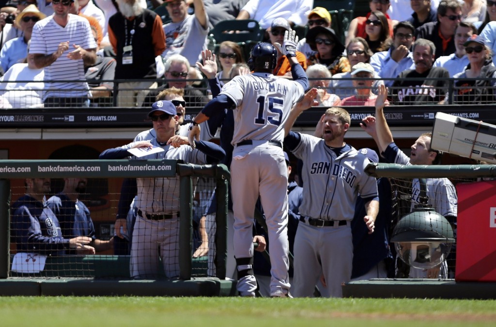 San Diego Padres first baseman Jesus Guzman (15) celebrates with teammates after a solo home run against the San Francisco Giants during the seventh inning at AT&T Park. The San Francisco Giants defeated the San Diego Padres 4-2. (Photo by Kelley L Cox-USA TODAY Sports)