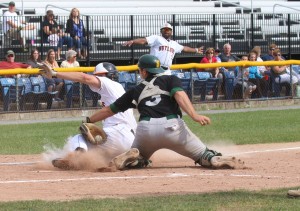 Oneonta's Jimmy Hand is safe at the plate as Silversmiths catcher #3 Nicholas Duarte loses the handle on the tag in the second inning of action. (Photo by Brian Horey a/k/a BRIANthePHOTOguy). 