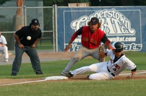 NYCBL stolen base leader Ben Mauseth adds another taking third in the first inning. (Photo by Brian Horey a/k/a BRIANthePHOTOguy)