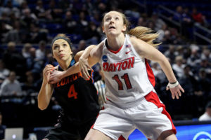 Ally Malott (14) turned in a double-double for UD. (Photo by Matthew O'Haren-USA TODAY Sports)