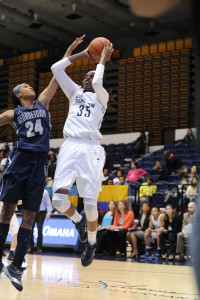 GW's Jonquel Jones continues to pile up the double-doubles. (Photo courtesy of George Washington Athletics)