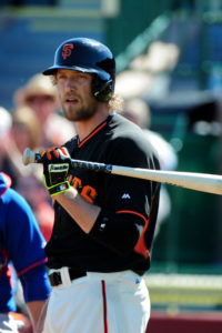 Mar 5, 2015; Scottsdale, AZ, USA; San Francisco Giants right fielder Hunter Pence (8) looks on during the first inning against the Chicago Cubs during a spring training baseball game at Scottsdale Stadium. Mandatory Credit: Matt Kartozian-USA TODAY Sports