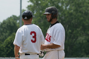 Connor Simonetti (right) seen here talking to manager Andy Weeks, finished 2-for-4 with a walkoff home run in game one of a doubleheader at McDonough Park. (Photo by SUE KANE @skane51)