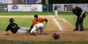 Oneonta got an out on this play at the plate in the top of the eighth but not before the Silversmith regained the lead 5-2 with four runs and went on the notch a two-game win streak with a 6-4 win. (Photo by BRIAN HOREY a/k/a BRIANthePHOTOguy)