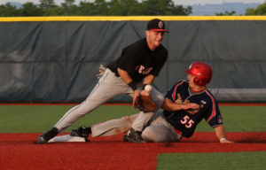 Syracuse Junior Chief catcher Phil Madonna arrives at second before Outlaw second baseman Tyler Bruno applies the tag. (Photo by BRIAN HOREY a/k/a BRIANthePHOTOguy)