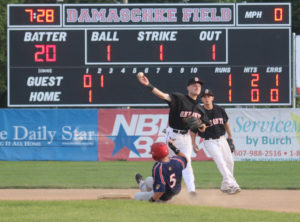 Tyler Bruno turns one of three Oneonta double plays in the game. (Photo by Brian Horey a/k/a BRIANthePHOTOguy)