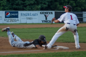 Isaac Dillard slides in safely to third with a leadoff triple in the fifth inning of game one of the NYCBL Western Divisional Series. (Photo by SUE KANE @skane51)