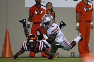 Curtis Samuel made two receptions in the season-opening victory over Virginia Tech including this diving catch for a TD on Ohio State's first drive of the game. (Photo: Peter Casey-USA TODAY Sports)