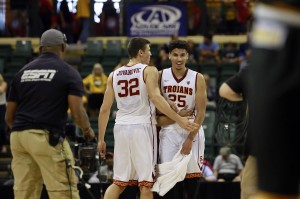 Bennie Boatwright (25) and forward Nikola Jovanovic (32) congratulate each other as they beat the Wichita State Shockers at ESPN Wide World of Sports Complex. Southern California Trojans defeated the Wichita State Shockers 72-69. (Photot: Kim Klement-USA TODAY Sports)