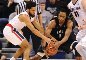 Gonzaga Bulldogs guard Silas Melson (0) plays for the ball against Loyola Marymount Lions forward Adom Jacko (4) during the second half at McCarthey Athletic Center. The Bulldogs won 85-62. (Photo: James Snook-USA TODAY Sports)