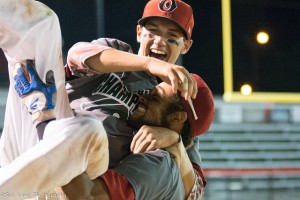 Championship Series Most Outstanding Offensive Player, Cole Peterson and Championship Series MVP Isaac Dillard celebrate the 2015 crown. (Photo by SUE KANE @skane51)