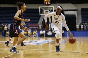 Jones (35), a 6-4 senior forward for the defending A-10 champions from Freeport, Bahamas, averaged 21.0 points, 16.0 rebounds, 2.0 assists and 2.0 blocks in a pair of wins over Rhode Island and contender Dayton, a late rally in which she hit a game-winning 3-pointer with 1.9 seconds left in the game. (Photo: Geoff Burke-USA TODAY Sports)