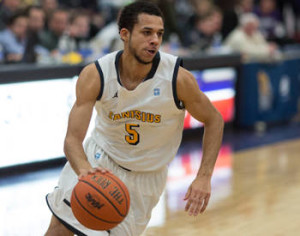 Canisius junior Kassius Robertson tied a school record for 3-point field goals in a game with nine, set a program record for highest single-game 3-point shooting percentage (90 percent) and joined the school’s 1,000-career point club on Saturday as the Toronto native posted a career best 30 points, (Photo: Tom Wolf Imaging/Courtesy of Canisius Athletics)