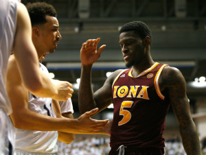Iona Gaels guard A.J. English (5) shakes hands with Monmouth Hawks guard Micah Seaborn (10) during second half at Multipurpose Activity Center. The Iona Gaels defeated the Monmouth Hawks 83-67.  (Photo: Noah K. Murray-USA TODAY Sports)