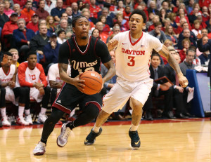 Trey Davis (12) finished with 20 points including a 3-pointer with 33 seconds remaining to clinch the UMass victory. (Photo: Aaron Doster-USA TODAY Sports)