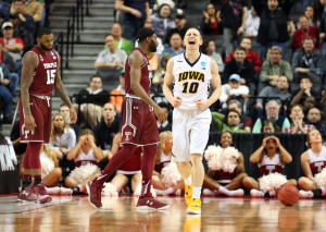 Mar 18, 2016; Brooklyn, NY, USA; Iowa Hawkeyes guard Mike Gesell (10) reacts in the second half in the first round of the 2016 NCAA Tournament against the Temple Owls at Barclays Center. Mandatory Credit: Anthony Gruppuso-USA TODAY Sports