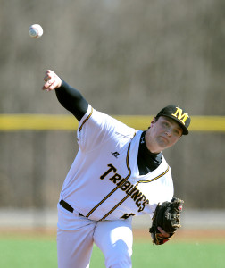 Zach Vennaro hurled a 2-hitter in game one as Monroe CC swept GCC (11-2/5-2). (Photo courtesy of Monroe CC Athletics)