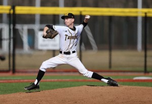 Tyler Riehl improved to 2-0 on the season with a win in game one. (Photo courtesy of Monroe CC Athletics)