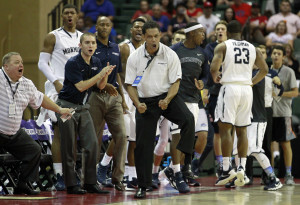 King Rice reacts during Monmouth's victory over Notre Dame last November. Sam Ferry is standing in the background.  (Photo: Kim Klement-USA TODAY Sports)