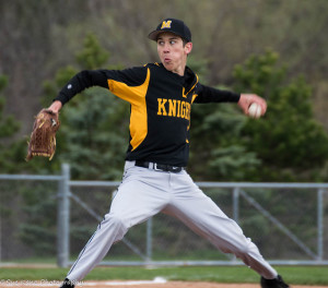 McQuaid's Donnie Moffat took a no-hitter into the sixth inning in the Knights 15-0 victory over Rush-Henrietta. (Photo by SUE KANE)