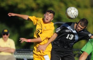 Vince Mauro (24) converted Julian MacDonald's corner kick in the 31st minute. (Photo courtesy of Monroe CC Athletics)