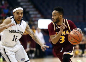 Iona Gaels guard Ibn Muhammad (3) drives to the hoop against Monmouth Hawks guard Justin Robinson (12) during the first half of the MAAC conference tournament finals at Times Union Center. (Photo: Mark L. Baer-USA TODAY Sports)