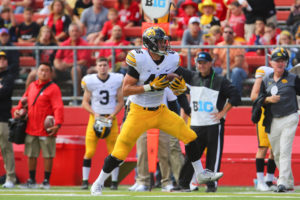 George Kittle (46) has started every game for the Hawkeyes this season, hauling in 15 catches for 249 yards and a pair of touchdowns. (Photo: Ed Mulholland-USA TODAY Sports)