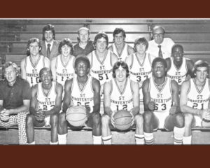 St. Bonaventure captured the NIT title in March of 1977 at Madison Square Garden, topping Houston, 94-91. Sanders scored 40 points and was named the Most Valuable Player of the NIT. The Bonnies defeated Villanova in the semifinals, 86-82, after getting by Rutgers and Oregon before that. (Photo courtesy of St. Bonaventure Athletics)