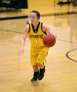 Abby White handed out 11 assists as the MCC Lady Tribunes defeated FLCC, 94-53 in Region 3 action Tuesday night. (Photo courtesy of Monroe CC Athletics)