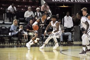 Kahn Ross (1) helped Lehigh opened a 38-29 halftime lead, then began the second half with eight of the first 12 points, on its way to an impressive 87-73 win at Mississippi State on Friday evening at the Humphrey Coliseum. (Photo: Justin Lafleur/Lehigh Athletic Communications)
