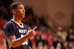 Navy junior guard Shawn Anderson scored the go-ahead layup with 16 seconds remaining and then took a game-saving offensive charge with 1.4 seconds.  (Photo: Amber Searls-USA TODAY Sports)