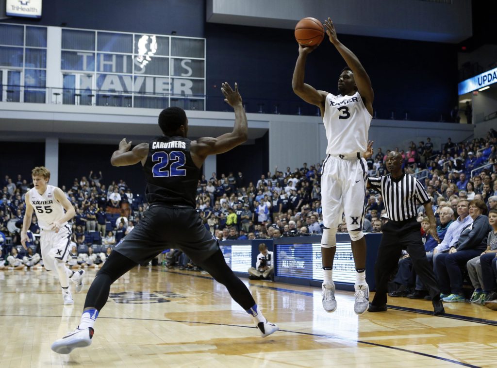 Former East Eagle Dontay Caruthers (22) handed out two assists in UB's loss to No. 11 Xavier, Monday night. (Photo: Frank Victores-USA TODAY Sports)