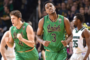 Notre Dame Fighting Irish forward V.J. Beachem (3) and forward Matt Ryan (4) react after a three-point basket in the first half against the Loyola Greyhounds at the Purcell Pavilion. (Photo: Matt Cashore-USA TODAY Sports)