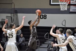 Kyle Leufroy goes to the basket for two of his 12 points . (Photo: Justin Lafleur/Lehigh Athletics)