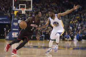 Houston Rockets guard Patrick Beverley (2) dribbles the basketball against Golden State Warriors guard Ian Clark (21) during the second quarter at Oracle Arena. (Photo: Kyle Terada-USA TODAY Sports)