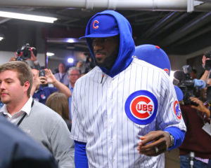 Cleveland Cavaliers forward LeBron James (23) enters the United Center wearing a Chicago Cubs uniform in response to losing a bet on the World Series to Chicago Bulls guard Dwyane Wade (not pictured). (Photo: Dennis Wierzbicki-USA TODAY Sports)