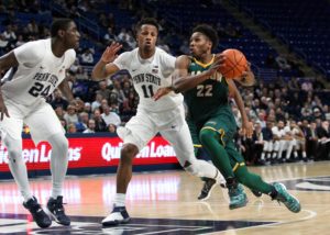 Marquise Moore (22) averaged 21.0 points, 14.5 rebounds, 7.5 assists and shot 62.1 percent (18-of-29) from the floor while leading George Mason to a pair of road wins this past week. (Photo : Matthew O'Haren-USA TODAY Sports)