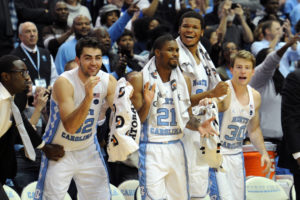 North Carolina Tar Heels Luke Maye (32), Seventh Woods (21), Kennedy Meeks (3) and Stilman White (30) celebrate in game against the Tennessee Volunteers during the second half at Dean E. Smith Center. North Carolina won 73-71. (Photo: Evan Pike-USA TODAY Sports)