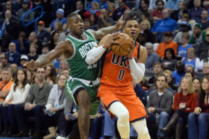 Russell Westbrook (0) drives to the basket against Boston Celtics guard Terry Rozier (12) during the second quarter at Chesapeake Energy Arena. (Photo: Mark D. Smith-USA TODAY Sports)
